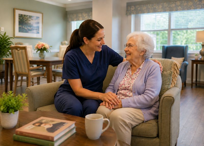 Caring staff with resident at The Waters of Greencastle
